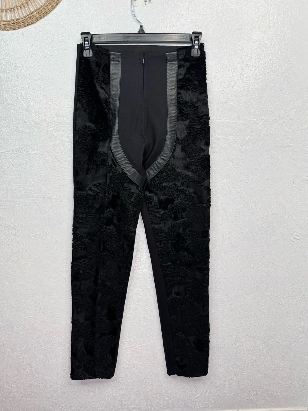 Vintage Van Buren Rare Leggings M Black Faux Fur Panel Leather Trim Stretch
